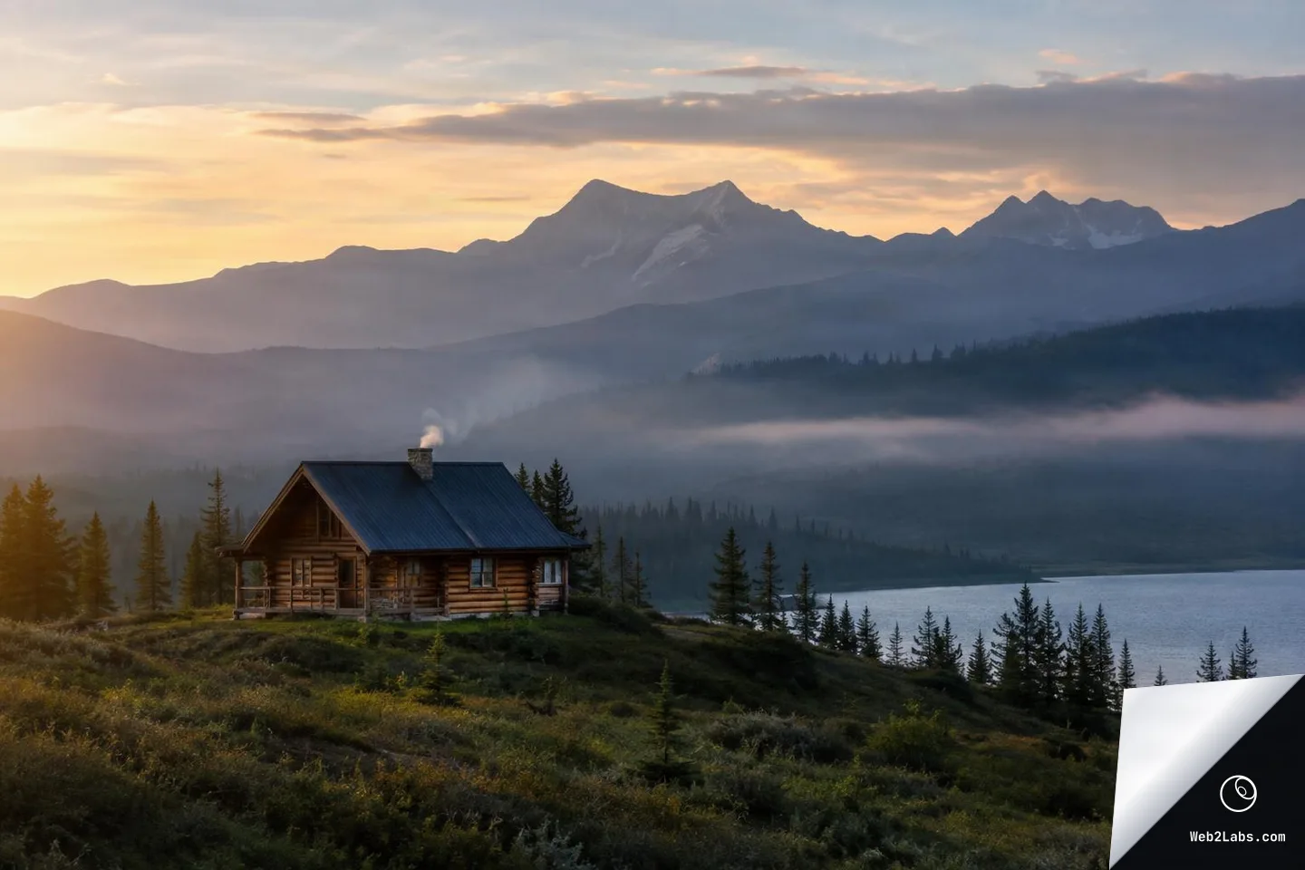 Remote log cabin on a hillside above a lake at sunrise, with misty layered mountains in the background and smoke rising from the chimney