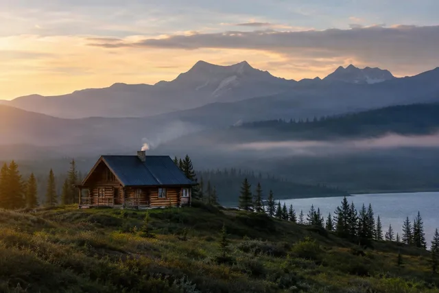 Lakeside Cabin at Mountain Sunrise