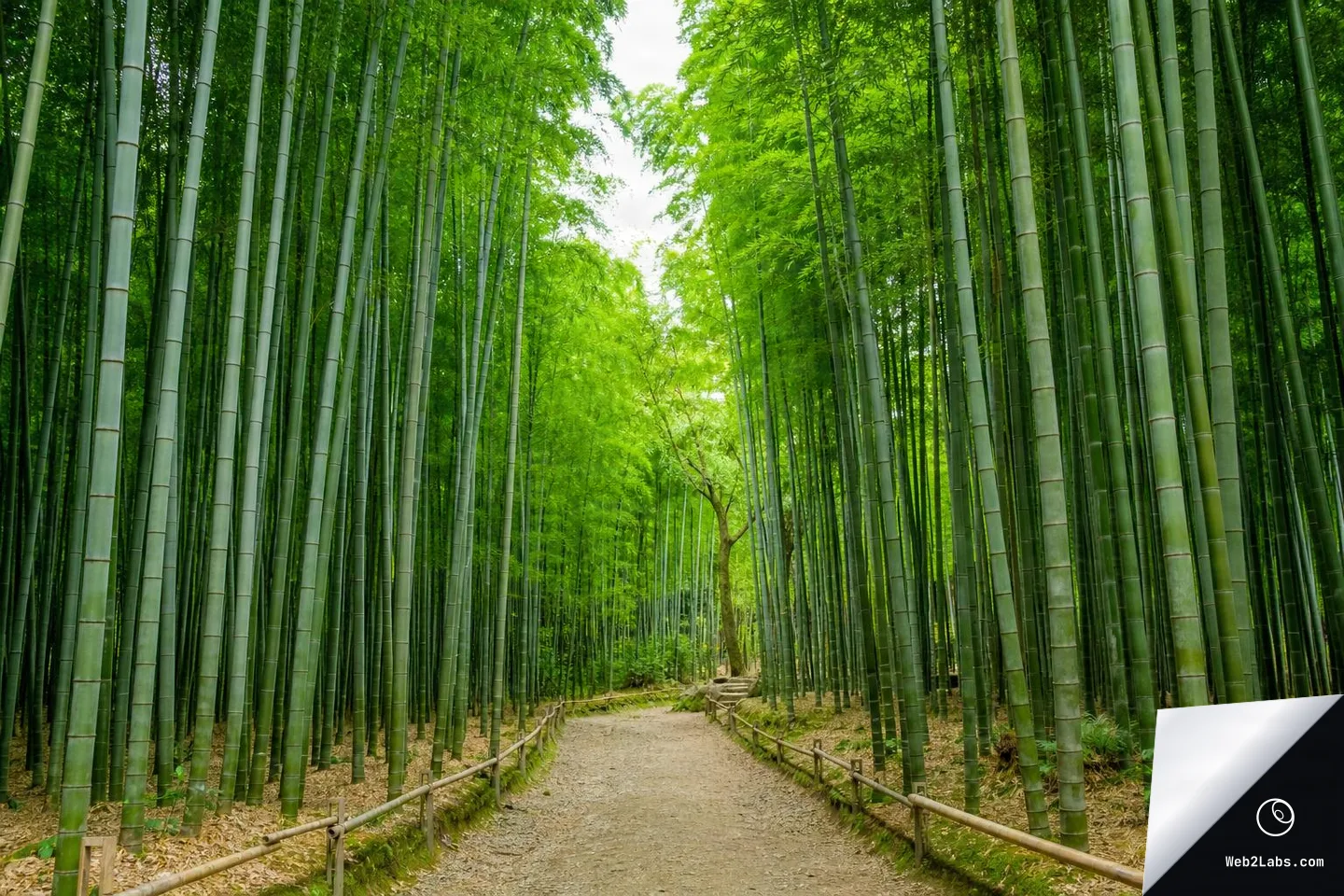 Wide horizontal view of a dirt path with low wooden railings running through tall green bamboo stalks, with a bright opening in the canopy ahead.