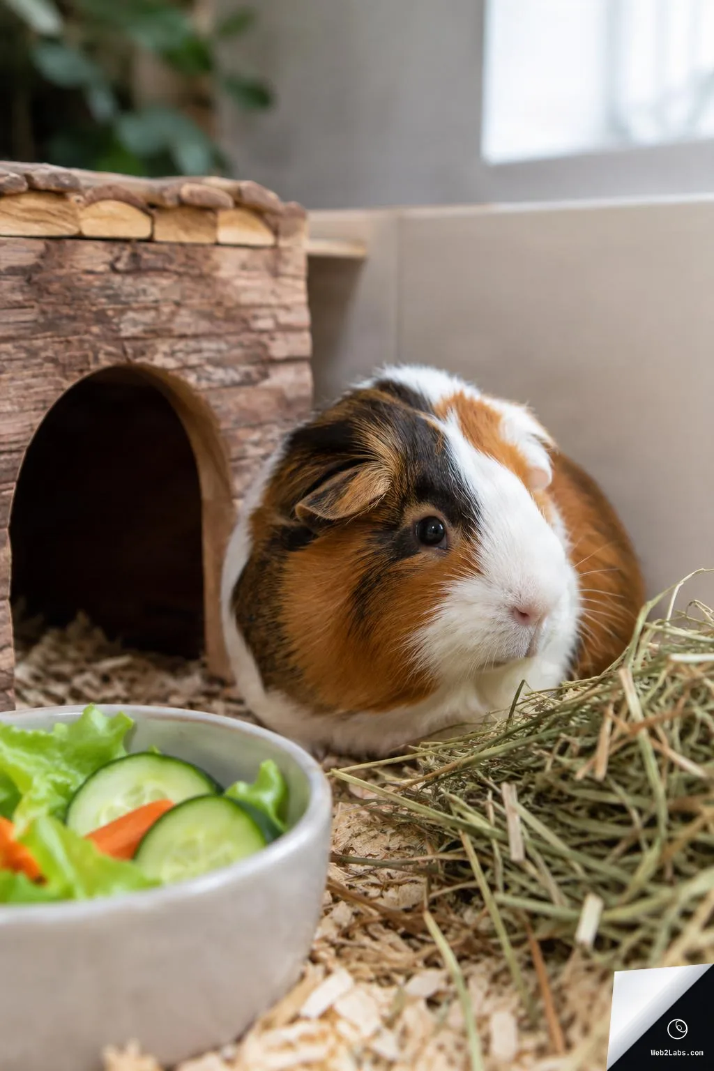 Brown and white guinea pig resting on bedding in a cage beside a pile of hay, a wooden hideout, and a bowl with lettuce, cucumber slices, and carrot.