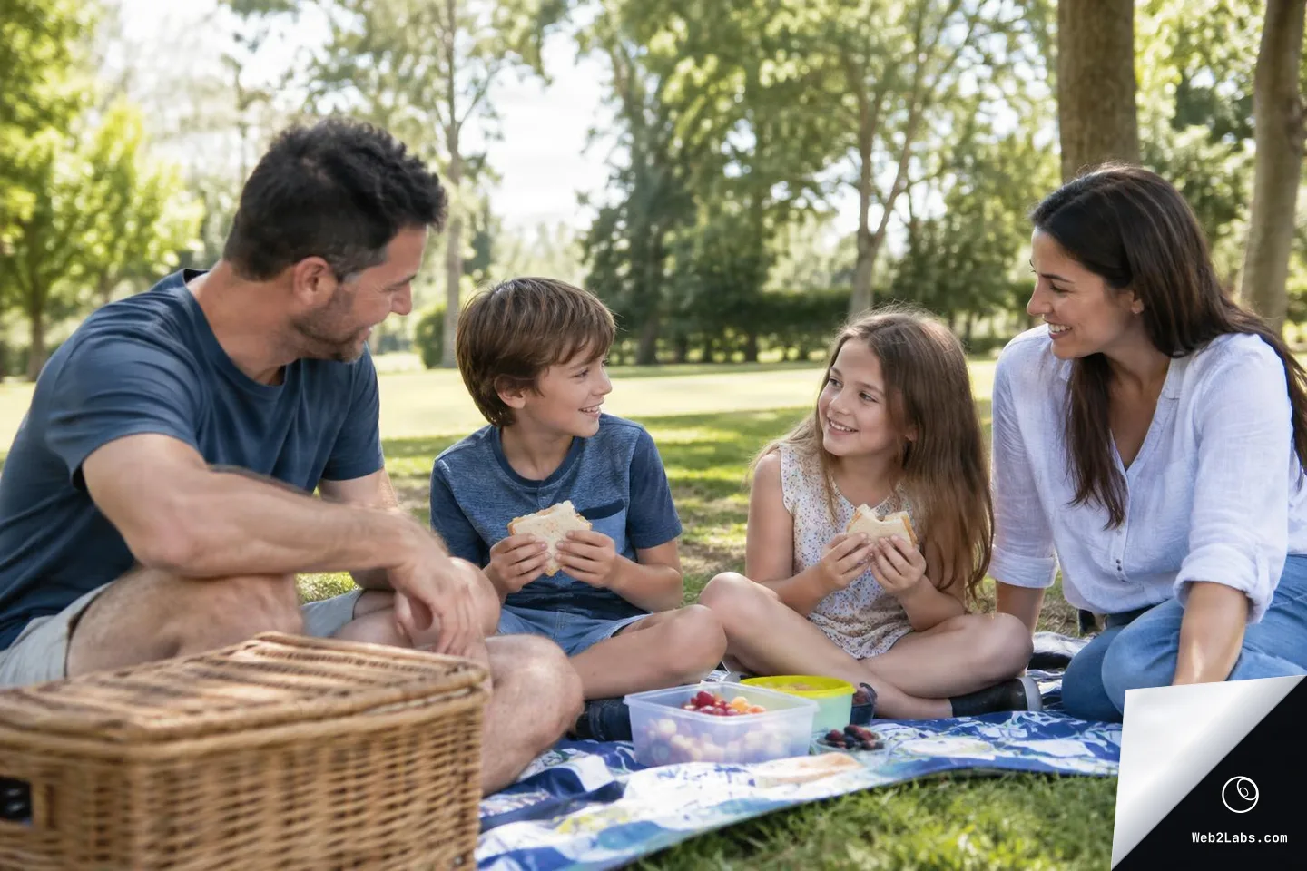 Parents and two children sit on a picnic blanket in a sunny park, smiling at each other while holding sandwiches, with a wicker basket and food containers in the foreground.