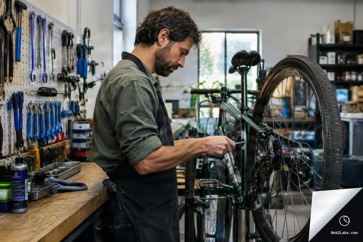 Side view of a bicycle mechanic in an apron adjusting the drivetrain on an upside-down bike in a workshop, with a wall of tools and a workbench behind him.