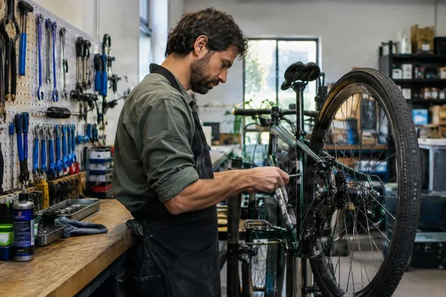 Bike Shop Owner Repairing Bicycle