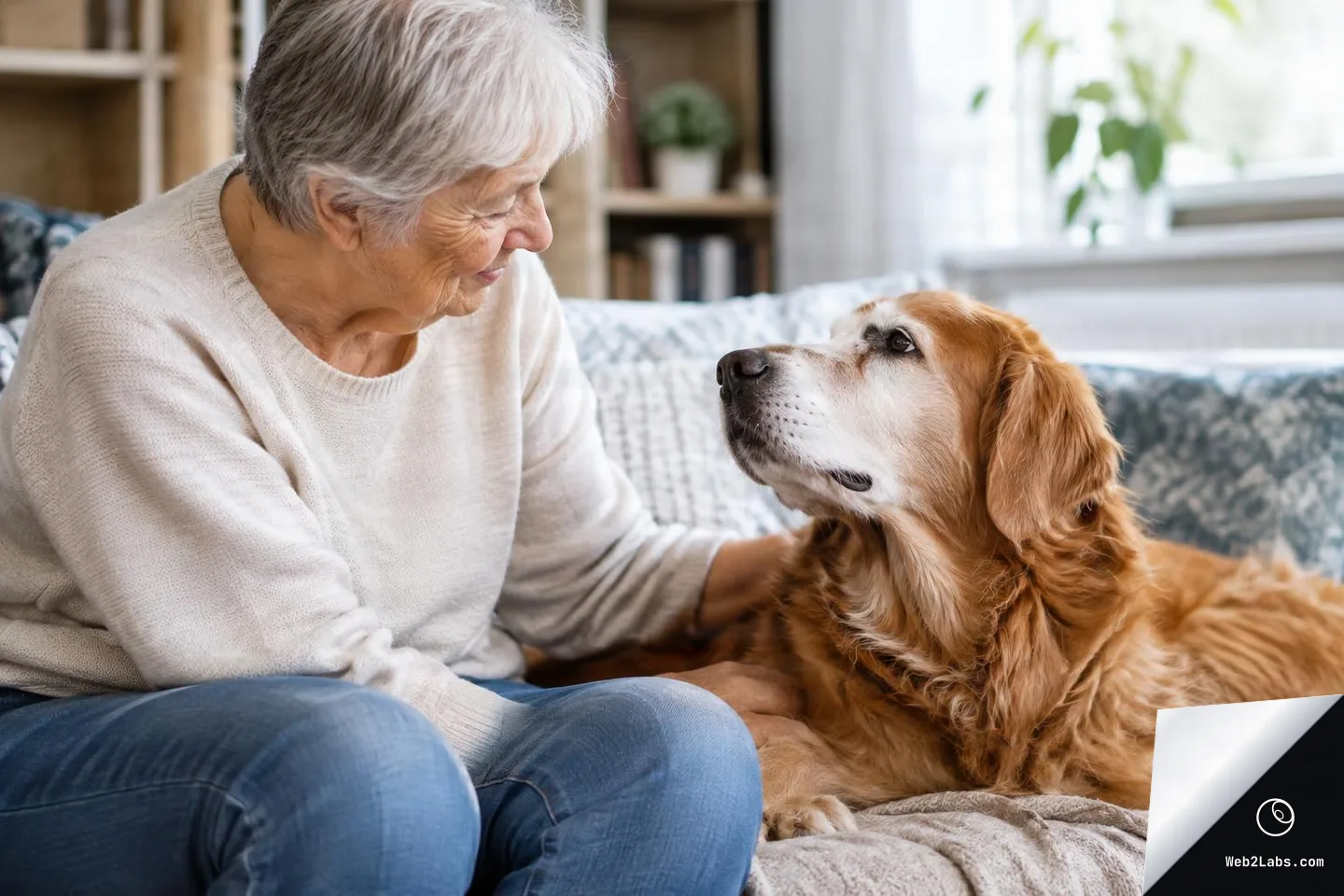An elderly woman sits on a couch and gently pets a golden retriever lying beside her in a bright living room.