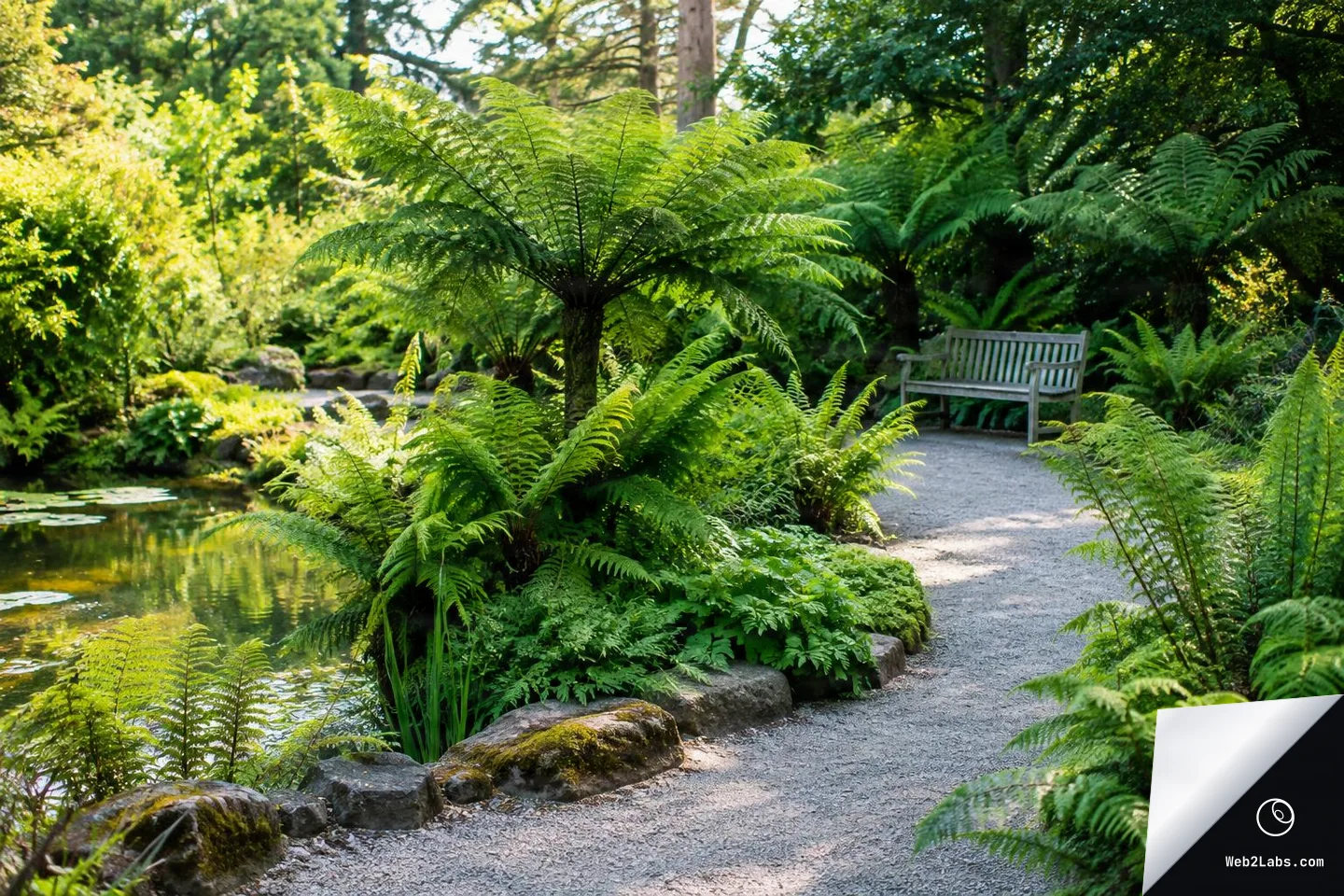 Curving gravel path through a lush fern garden beside a small pond, with a wooden bench in the shade and sunlight filtering through trees.