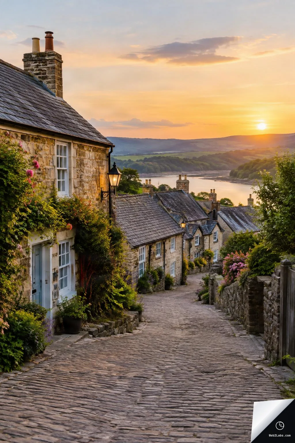 A steep cobblestone lane between stone cottages with slate roofs and flowering vines, looking down toward a river valley at sunset under a soft orange sky.