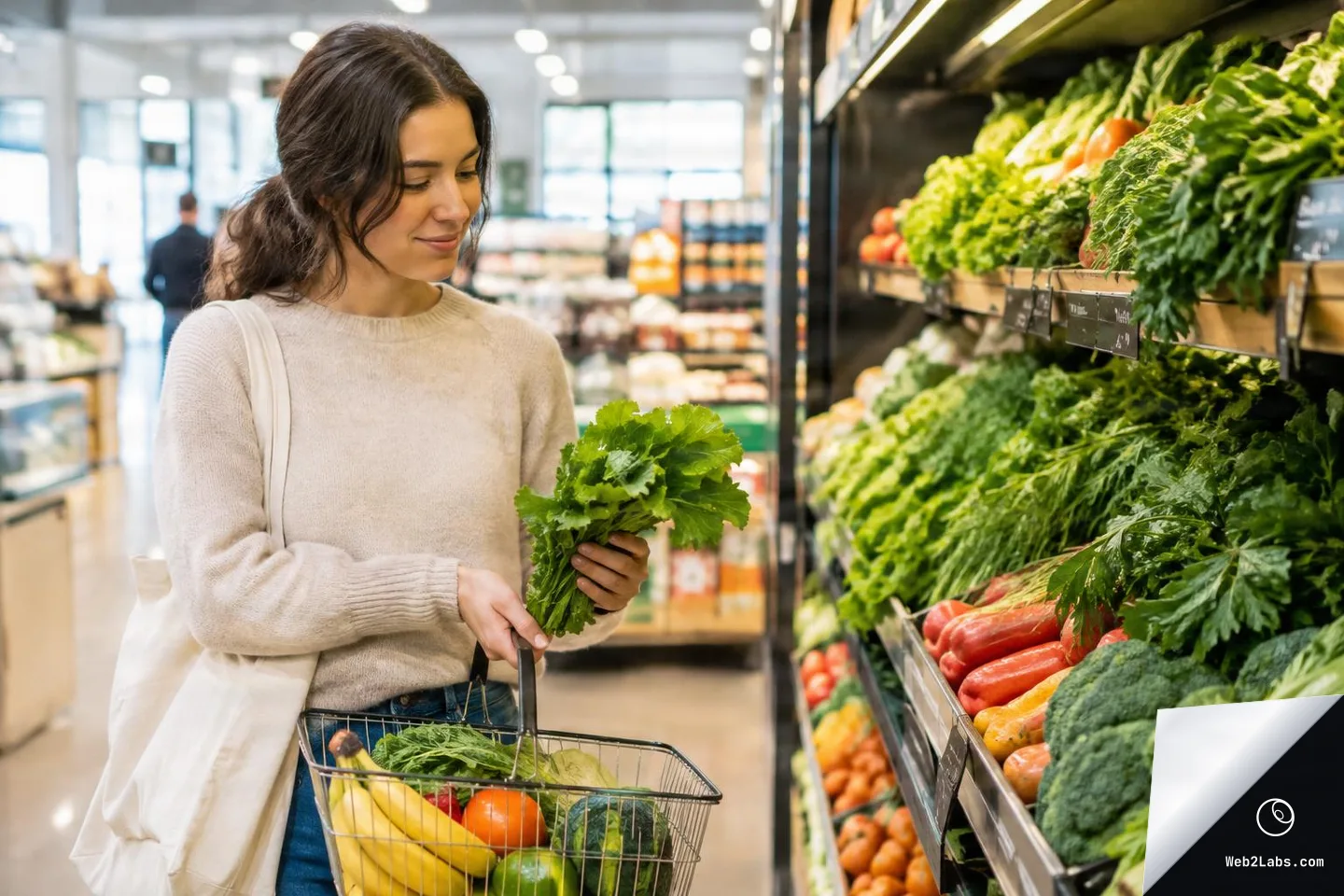 Young woman in a supermarket produce aisle holding a bunch of leafy greens and a shopping basket filled with fruit and vegetables beside shelves of fresh produce.