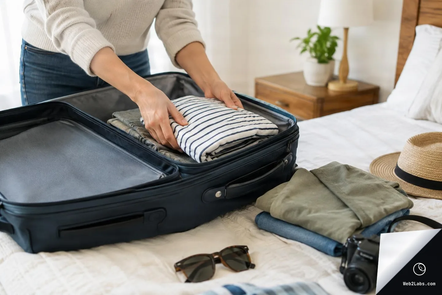 Person packing folded clothes into an open suitcase on a bed with a hat, sunglasses, and a camera nearby in a bright bedroom.