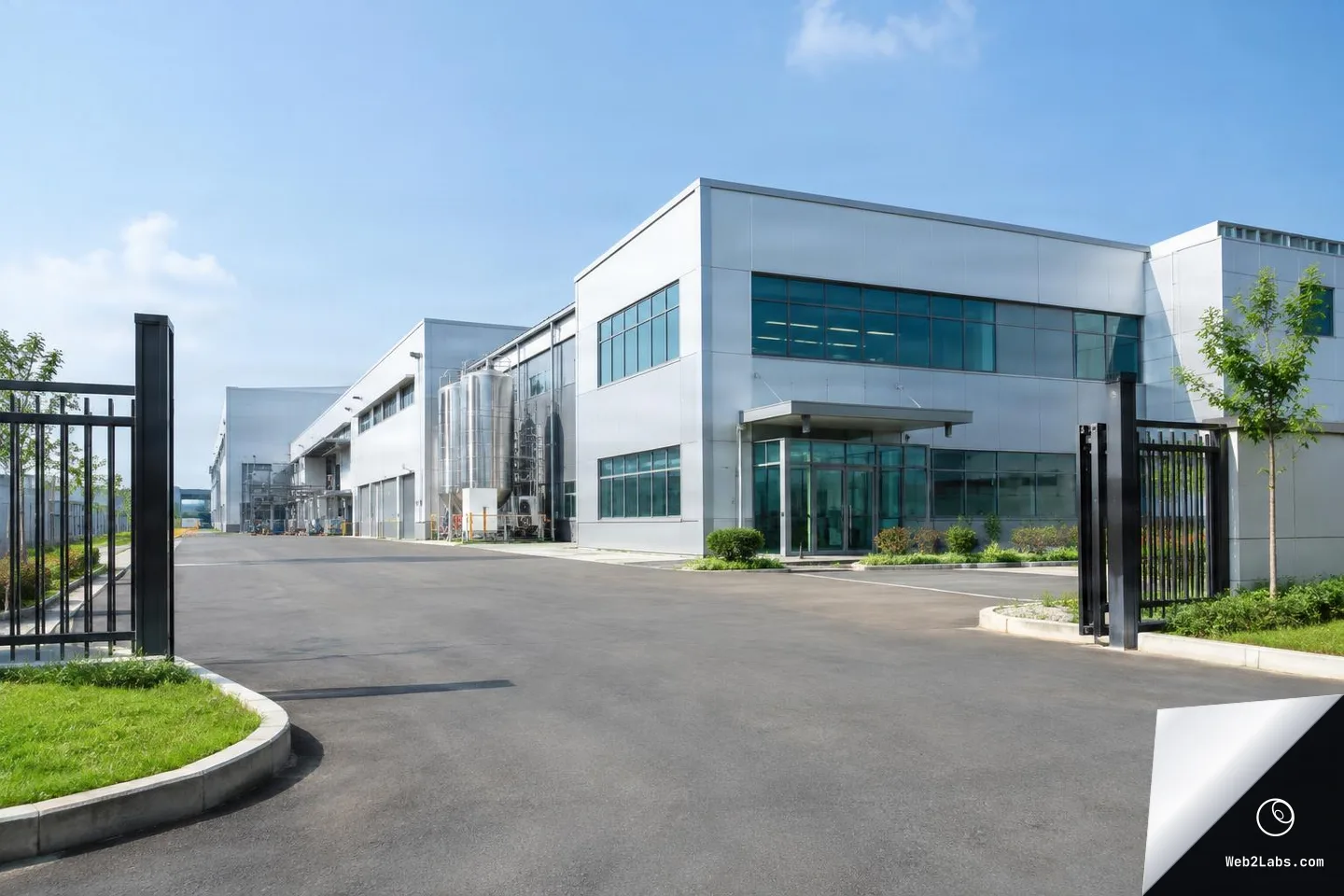 Wide exterior view of a modern white manufacturing building from the entrance driveway, with black metal gates, landscaped greenery, large glass windows, and stainless steel tanks along the side under a blue sky.