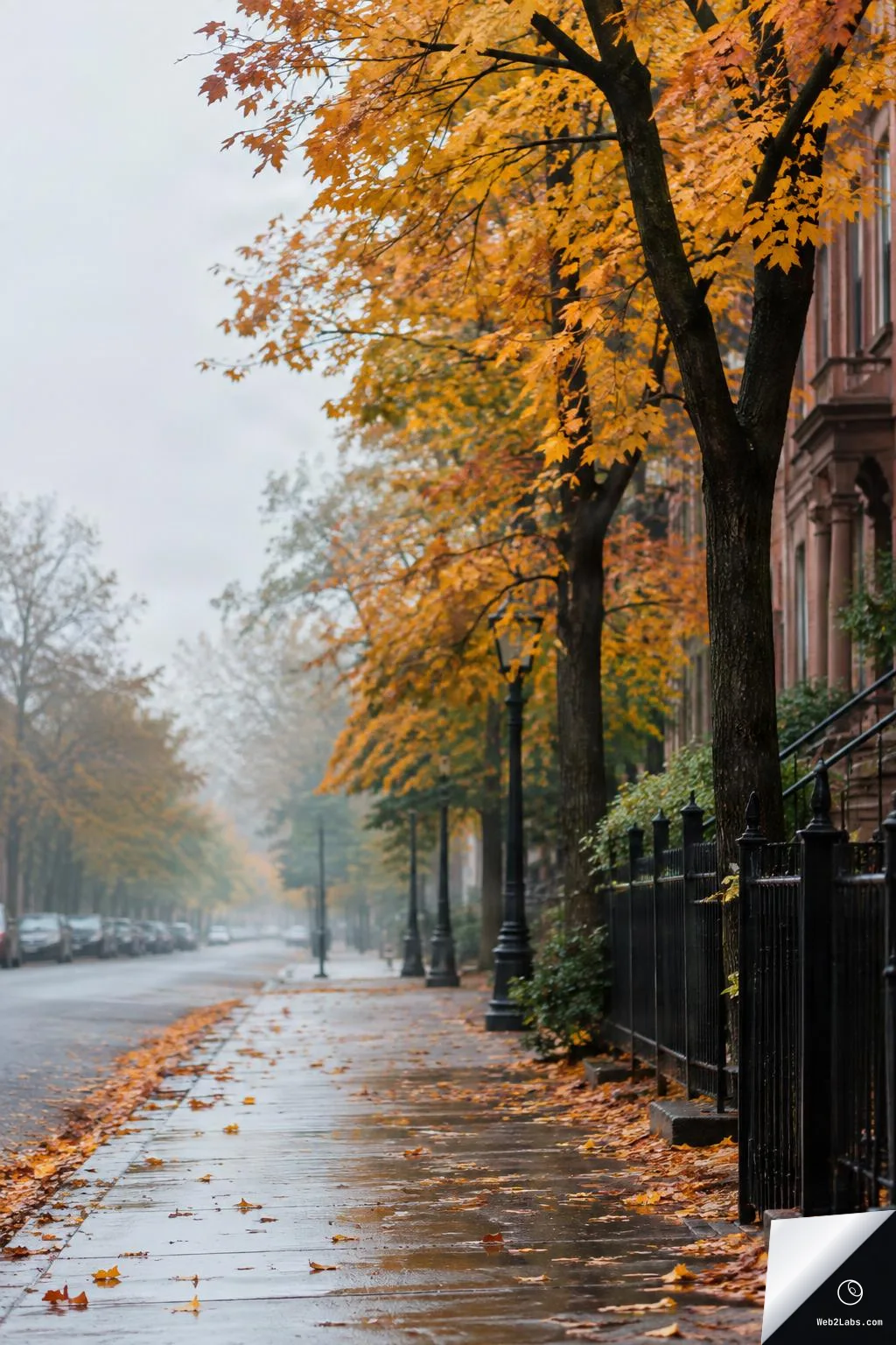 Foggy autumn city street with wet sidewalk, fallen leaves, and orange trees lining a row of brownstone buildings and iron fence on the right, with open sky and roadway space on the left