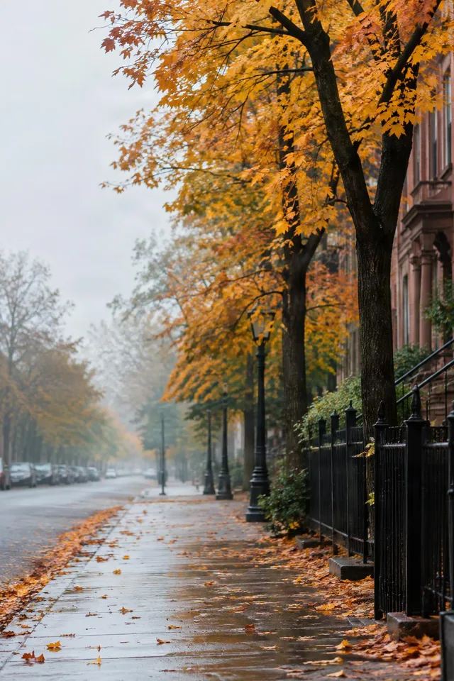 Misty Autumn Street with Copy Space