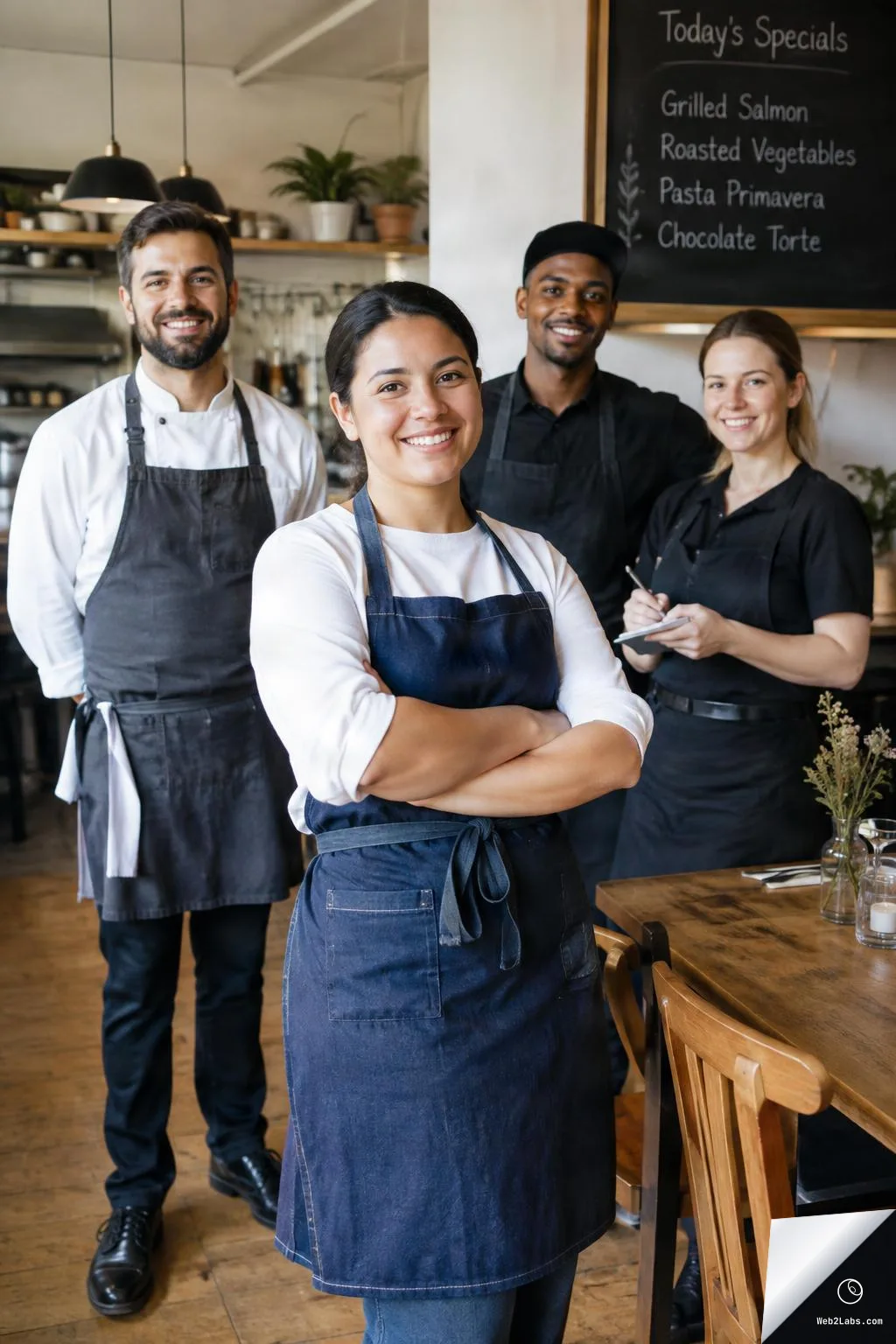 Four restaurant staff members in aprons pose indoors; a woman in a blue apron stands in front with arms crossed while three coworkers smile behind her near a chalkboard menu and a wooden table.