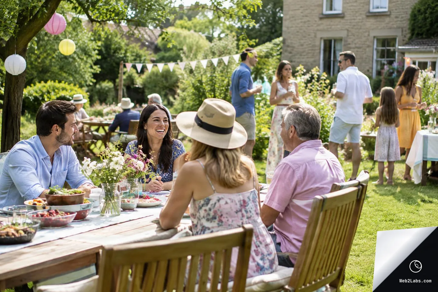 Group of adults sitting at a long outdoor table with food and flowers during a sunny garden party, with other guests standing and chatting near a house in the background.