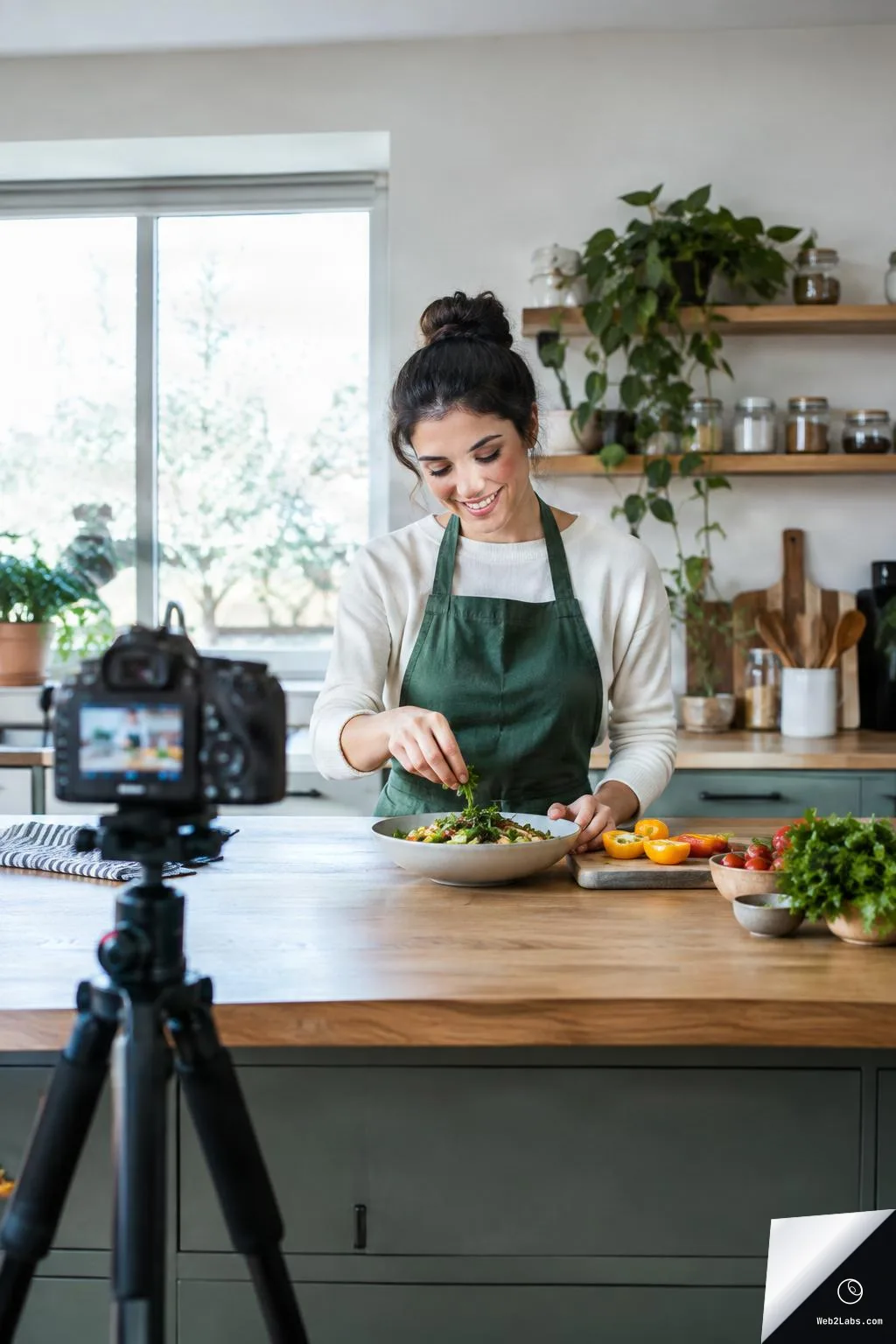 Woman in a green apron sprinkles herbs onto a salad bowl on a wooden kitchen counter while a camera on a tripod records in the foreground, with shelves, plants, and ingredients in the background.