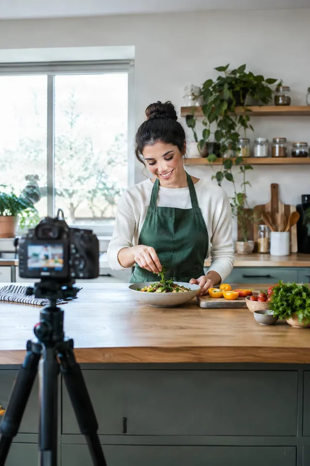 Food Vlogger Finishing Salad Shot