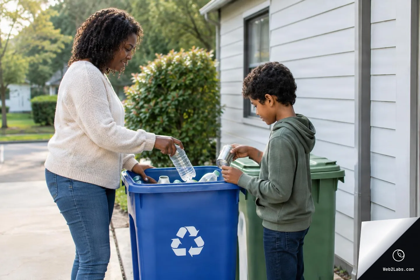 Woman and boy placing a plastic bottle and metal can into a blue recycling bin next to a house, with green bins in the background.