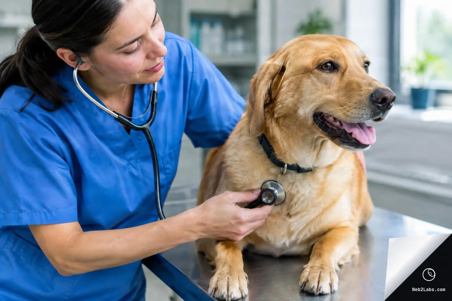 Veterinarian in blue scrubs listens to a golden retriever's chest with a stethoscope on a metal exam table in a bright veterinary clinic.