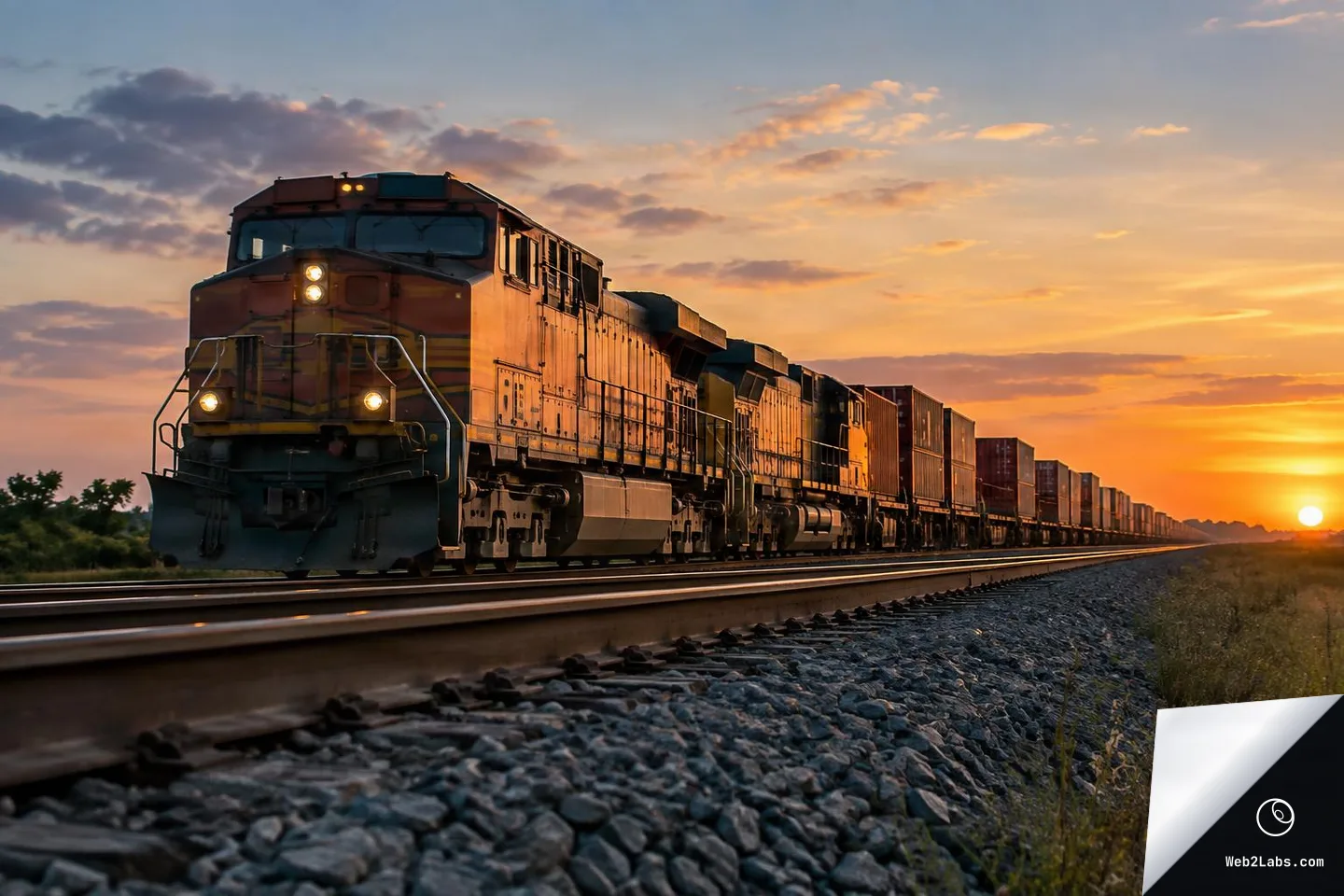 Low-angle view of a long freight train with container cars traveling on railroad tracks at sunset, with gravel ballast in the foreground and a glowing sky behind.