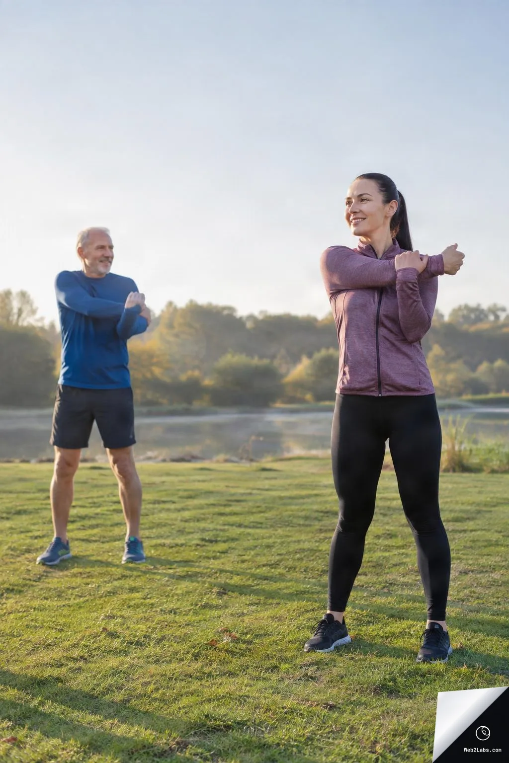 A woman in a purple jacket and black leggings stretches her shoulder on a grassy field while an older man stretches in the background near a lake under a clear morning sky.