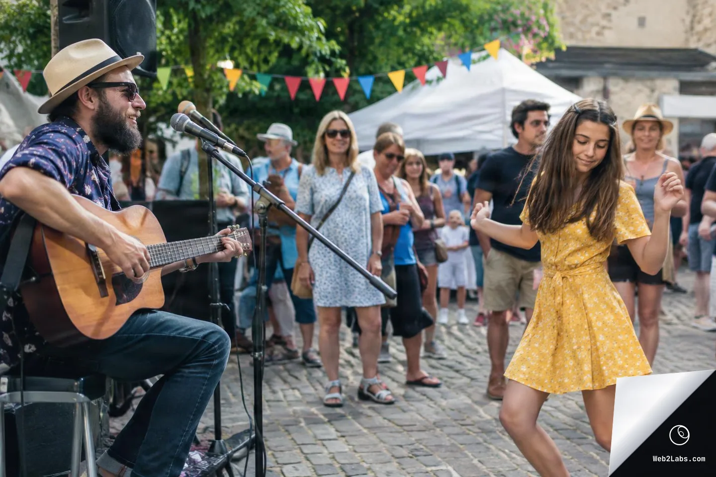 Bearded man in a straw hat plays acoustic guitar into a microphone while a young woman in a yellow dress dances in the foreground at an outdoor street festival with bunting and a crowd behind.