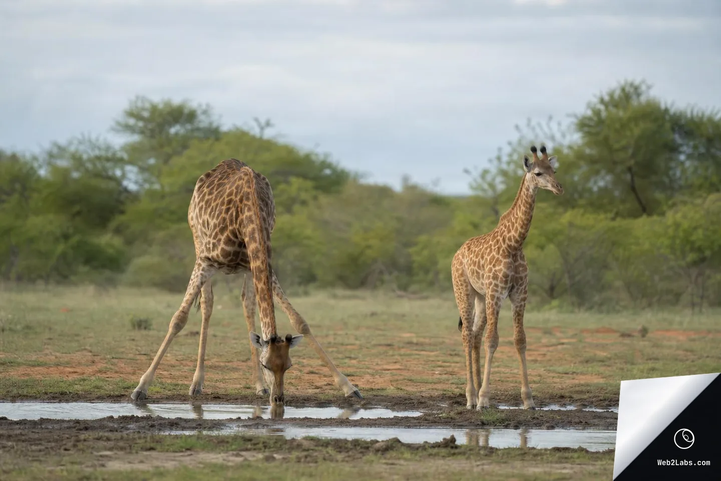 Two giraffes at a shallow waterhole in the savanna, one drinking with legs splayed and another standing alert nearby, with green shrubs and a cloudy sky in the background.