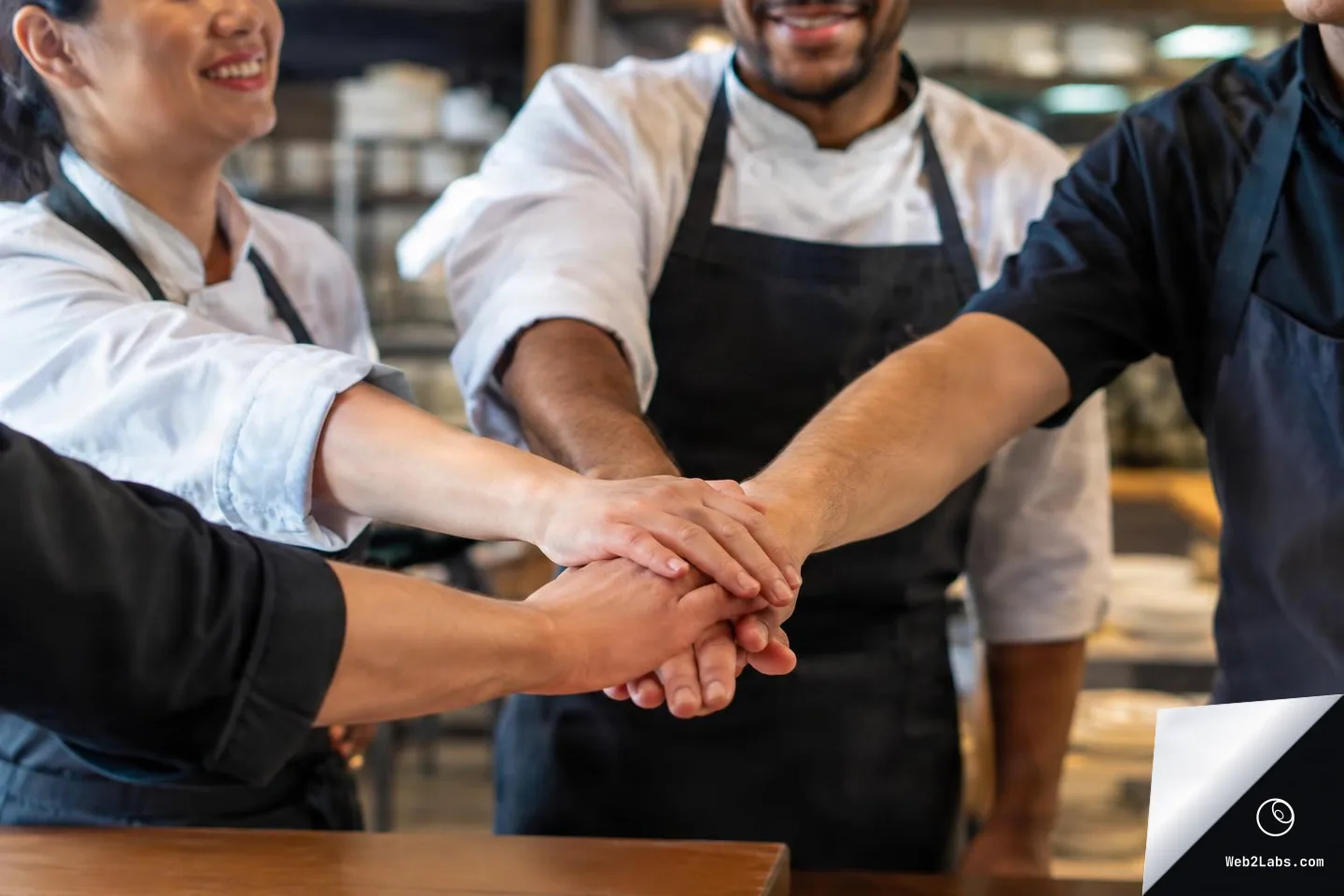 Close-up of restaurant staff in chef jackets and aprons stacking their hands together in a teamwork gesture inside a commercial kitchen.