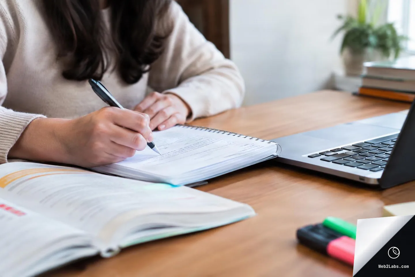 Close-up of a person writing in a spiral notebook at a wooden desk with an open textbook, a laptop keyboard, and colorful highlighters nearby.