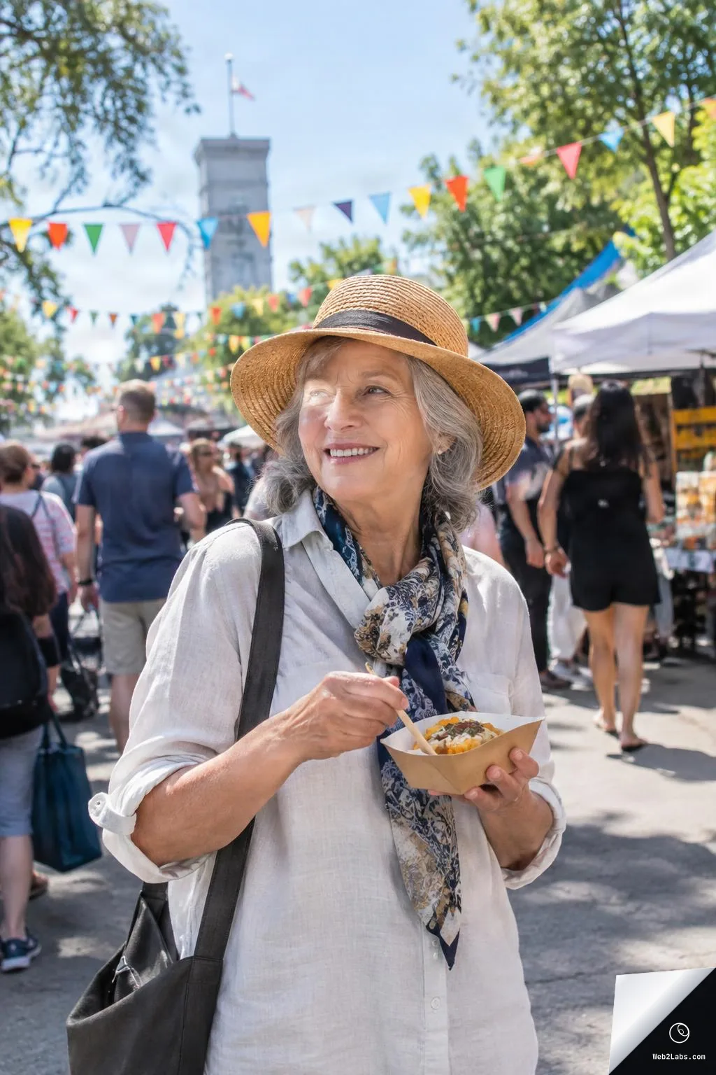 Smiling older woman in a straw hat holding a small food tray at an outdoor street festival with colorful pennant flags and crowds behind her.