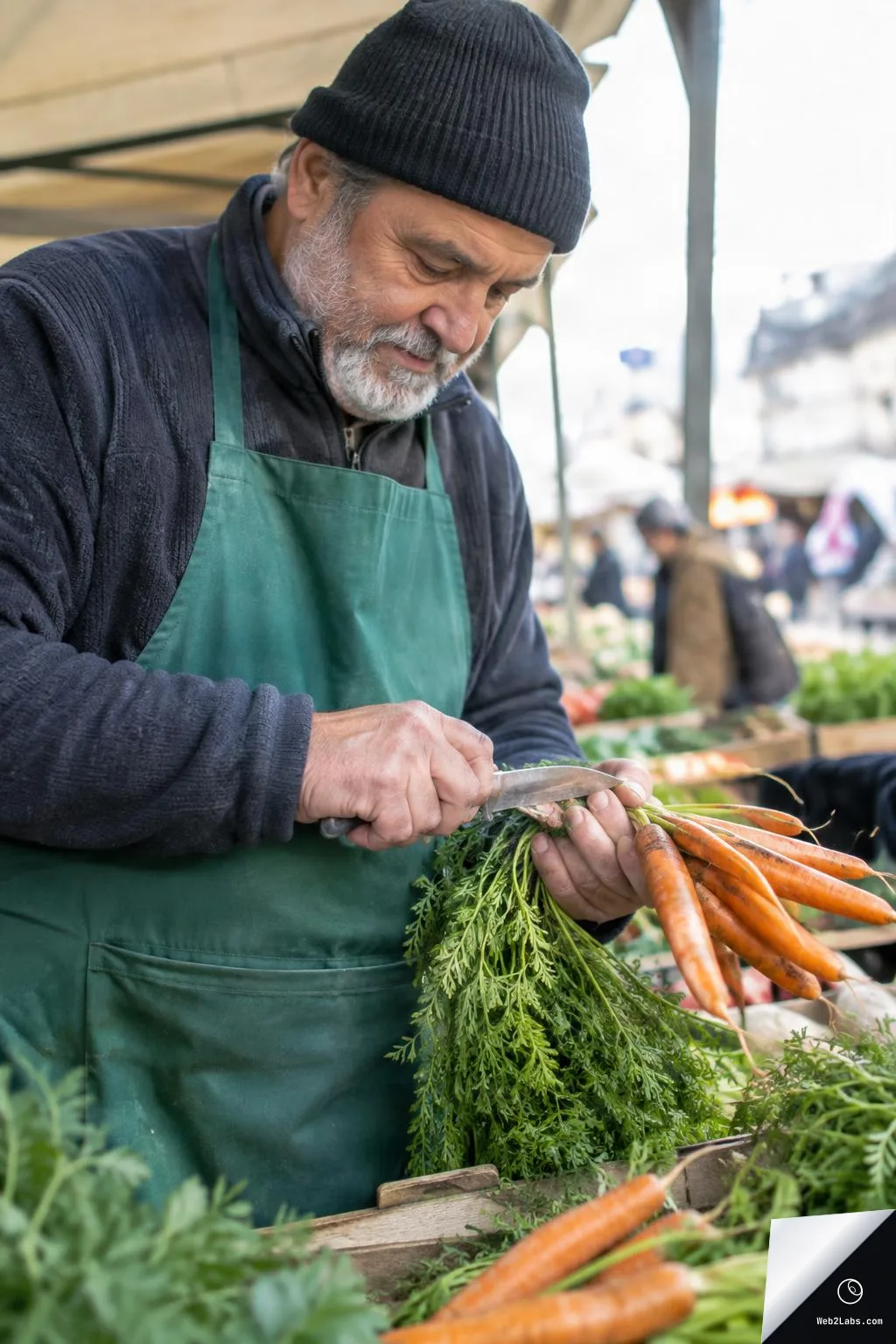 Older man in a beanie and green apron trims carrot tops with a knife at an outdoor market stall, with blurred shoppers and produce in the background.