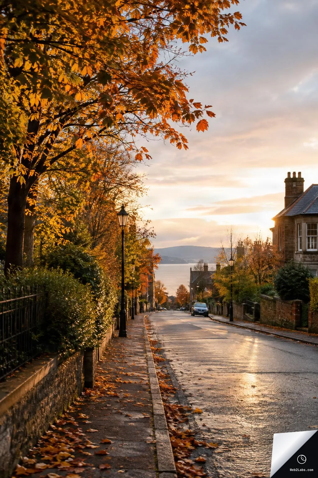 Vertical photo of a quiet residential street lined with autumn trees and lampposts, fallen leaves along the curb, and warm sunset light reflecting on the road, with houses on the right and distant hills under a cloudy sky.