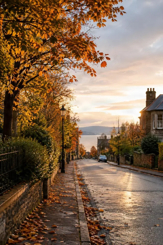 Quiet Autumn Street at Sunset