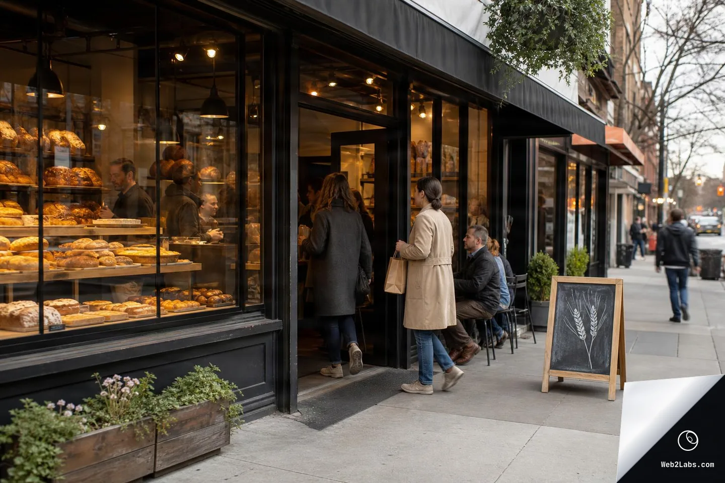 Wide shot of a neighborhood bakery storefront with loaves of bread displayed in a large window, several customers at the entrance, outdoor seating on the sidewalk, and a chalkboard sign with a wheat drawing.