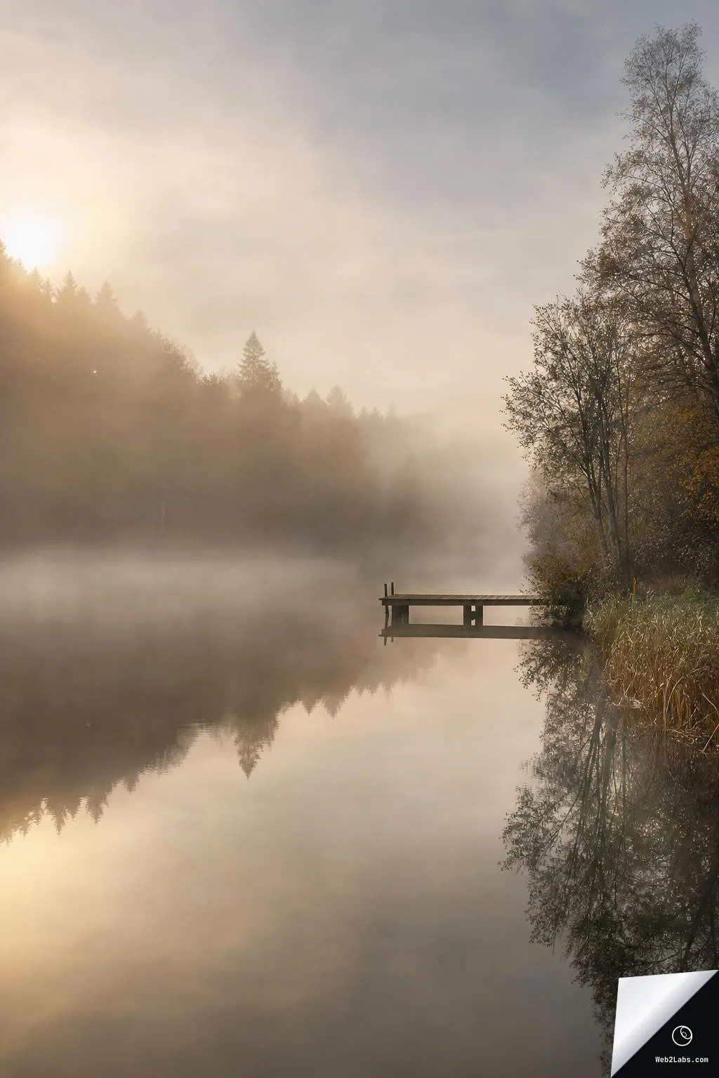 Vertical photo of a foggy lake at sunrise with a small wooden pier on the right, trees along the shore, and soft reflections in the still water.