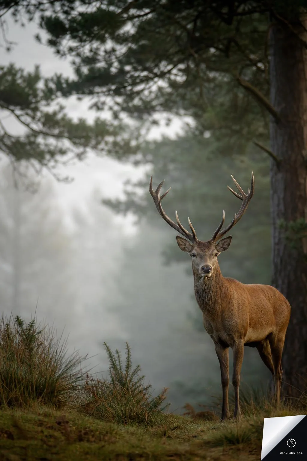 A red deer stag with large antlers standing in a foggy woodland clearing, positioned on the right side with open misty space on the left.