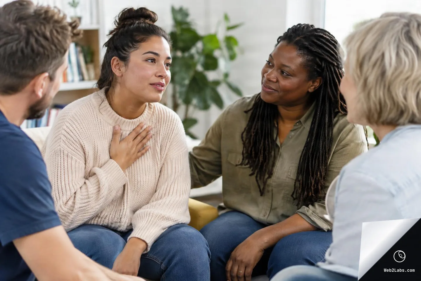 Four adults sitting close together in a bright room, with one woman speaking with her hand on her chest while another woman gently rests a hand on her shoulder in support.