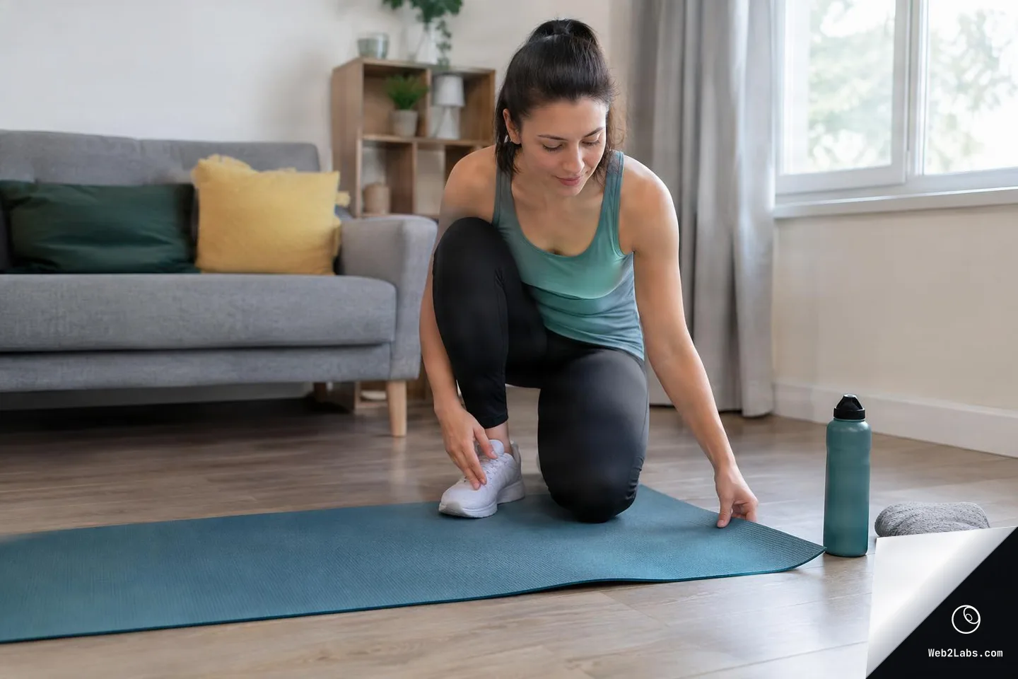 Woman kneeling on a yoga mat in a living room, adjusting the mat before stretching, with a water bottle, towel, and purple dumbbells on the floor nearby.