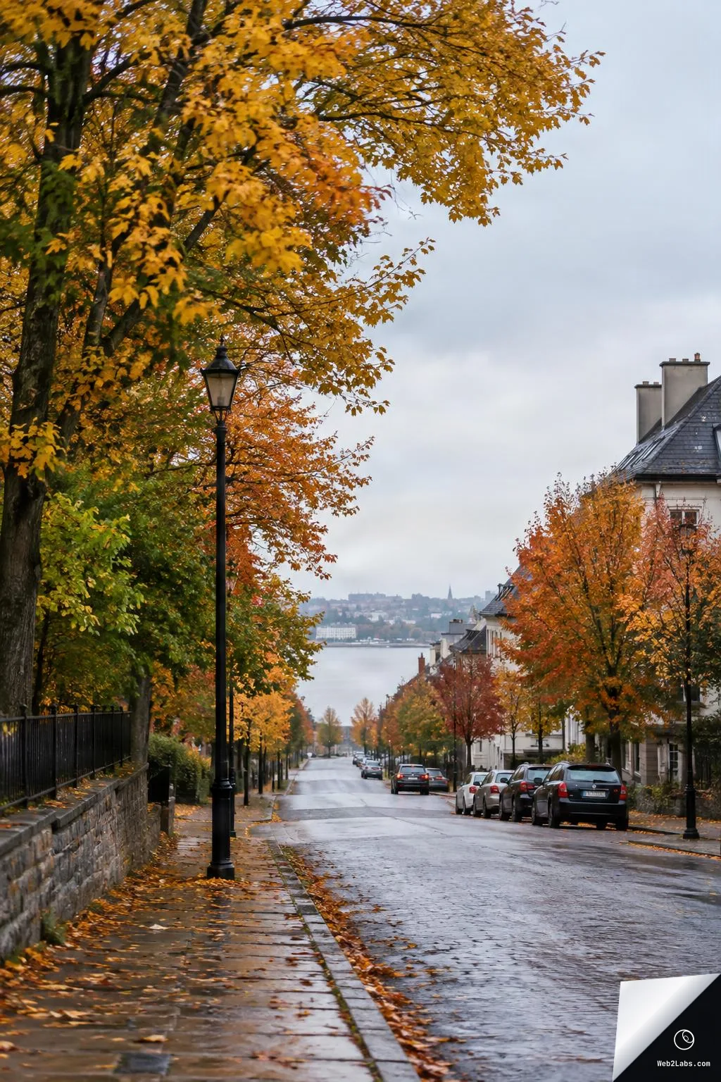 A quiet cobblestone street on a rainy autumn day, lined with orange and yellow trees, a black streetlamp, parked cars, and houses, with a distant view toward water under an overcast sky.