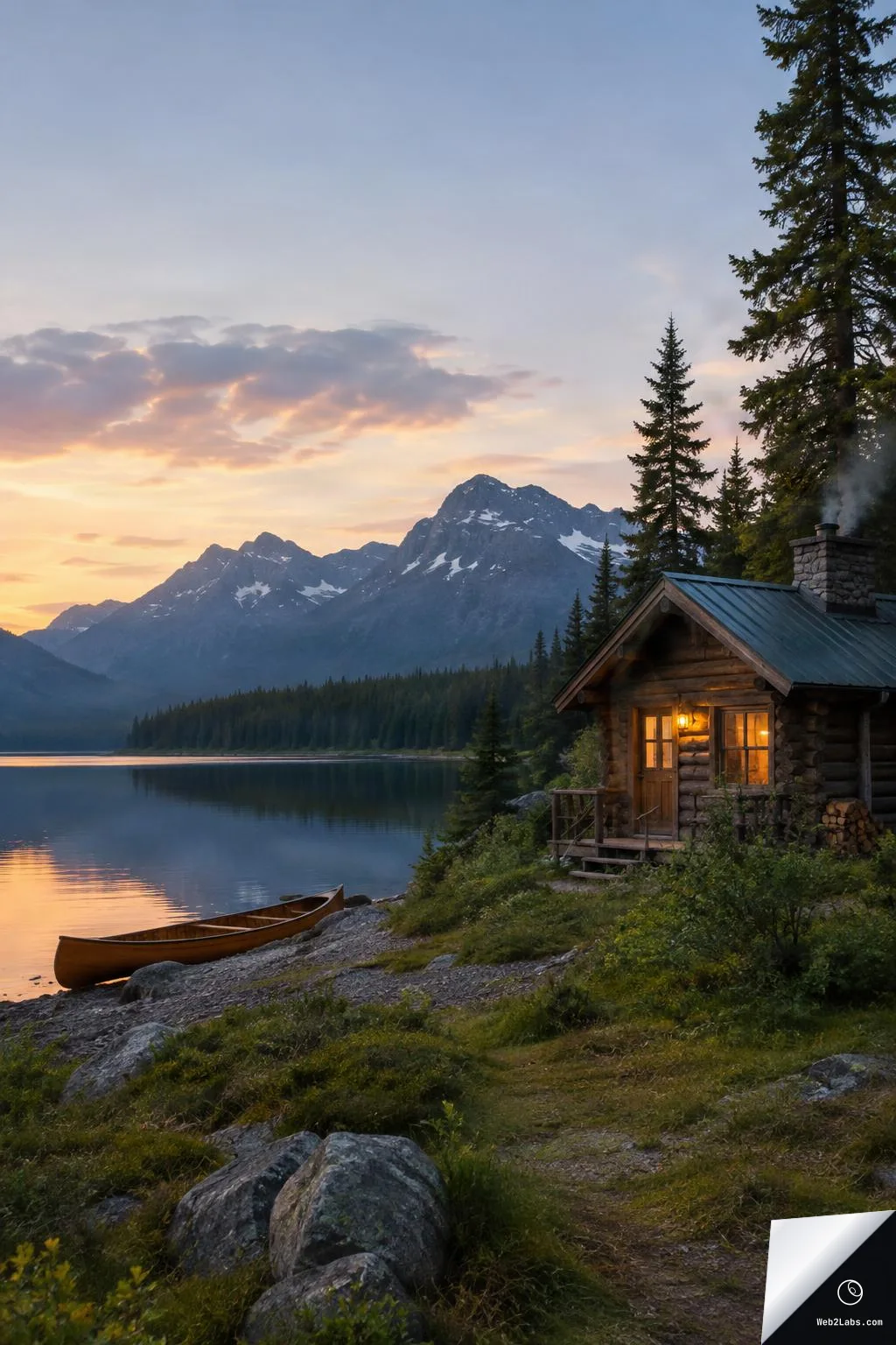Log cabin with lit windows beside a calm lake at sunset, with a canoe on the shore and snow-capped mountains in the background.