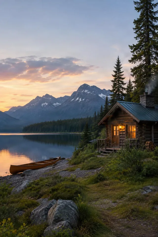 Lakeside Cabin at Sunset
