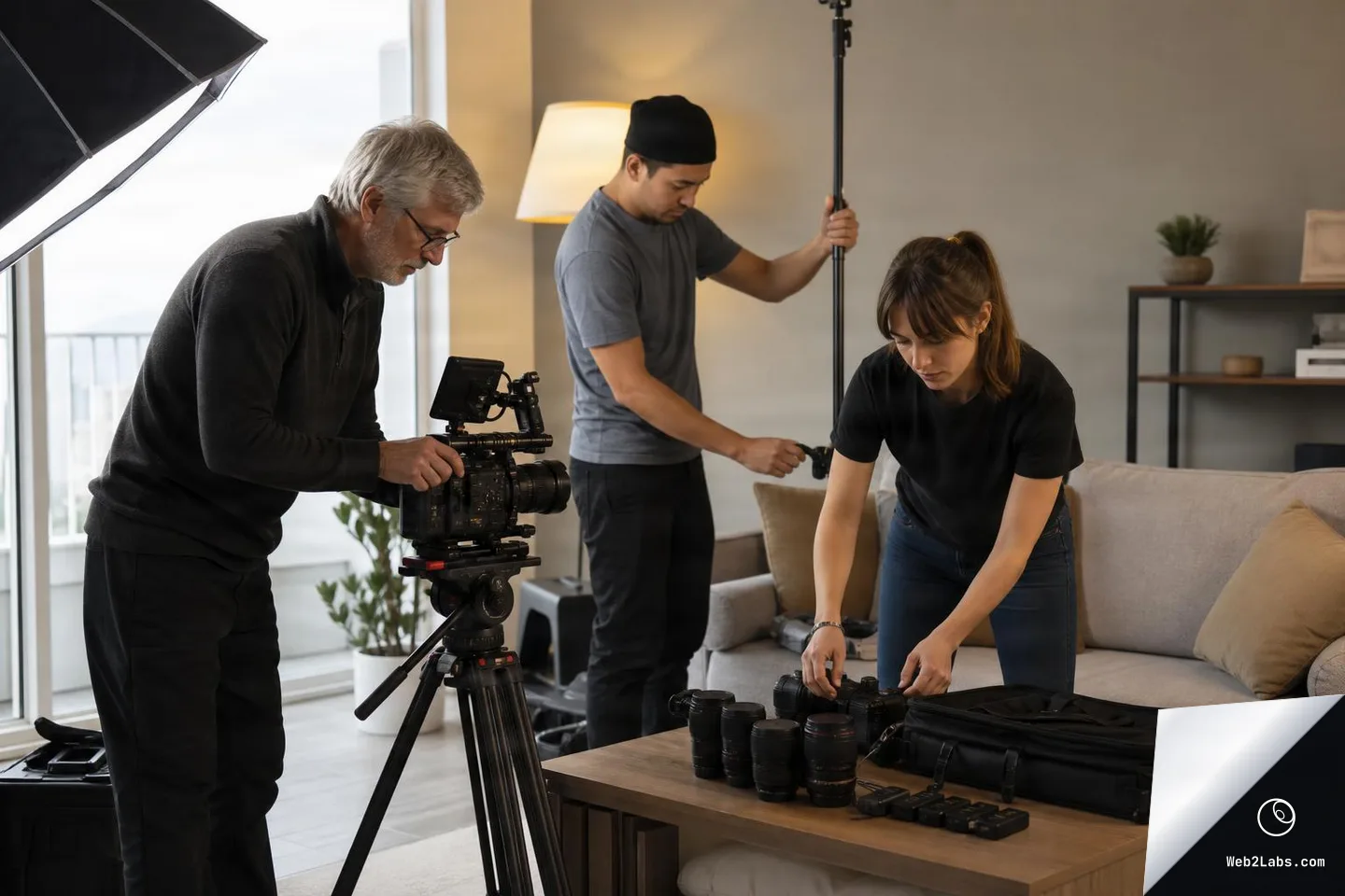 Three people in a living room set up a professional cinema camera on a tripod while another crew member adjusts a light stand and camera lenses and batteries are arranged on a coffee table.