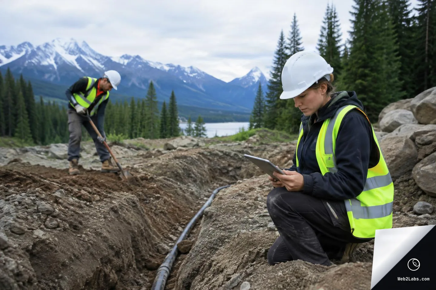 A worker in a white hard hat and hi-vis vest kneels beside a trench using a tablet while another worker shovels in the background, with evergreen forest and snow-capped mountains behind them.