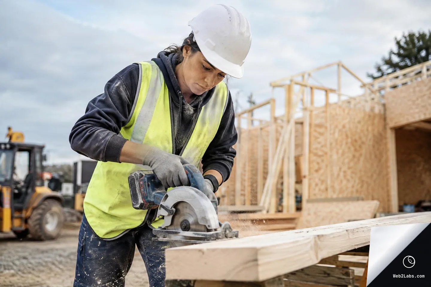Adult construction worker wearing a white hard hat, gloves, and a high-visibility vest uses a circular saw to cut a wooden beam on a jobsite with a framed building and a loader in the background.