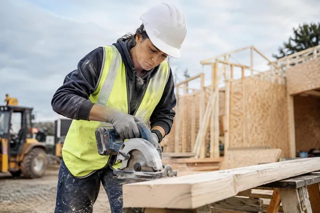 Construction Worker Cutting Lumber