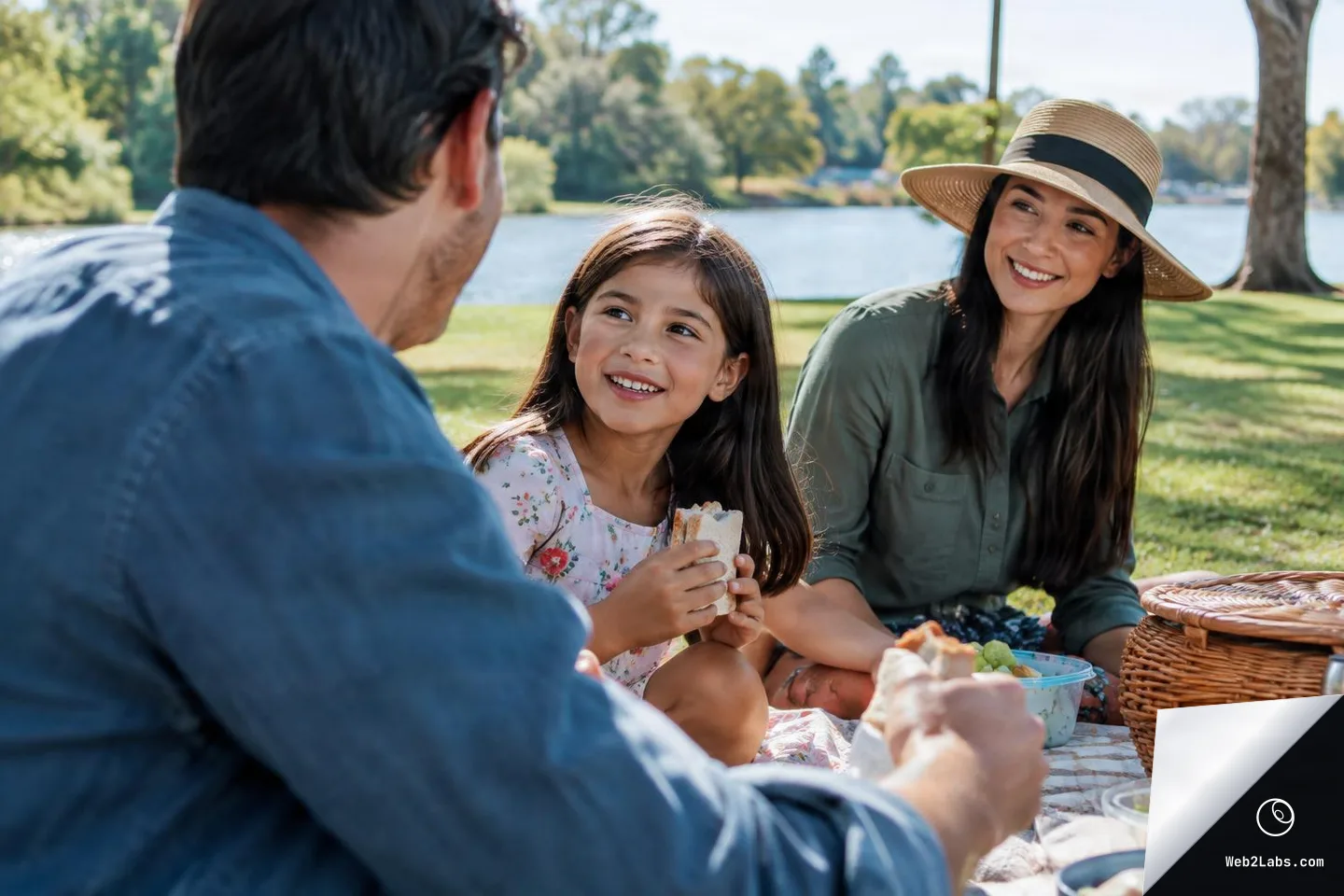 Over-the-shoulder view of a man on a picnic blanket facing a smiling girl holding a sandwich and a woman in a sun hat, with picnic food and a wicker basket beside them near a lake.