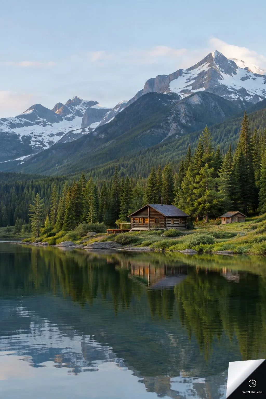A small log cabin on the shore of a still lake with pine trees and snow-capped mountains behind it, reflected in the water under a pale blue sky.