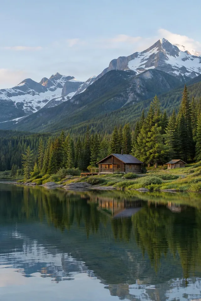 Lakeside Cabin Under Alpine Peaks