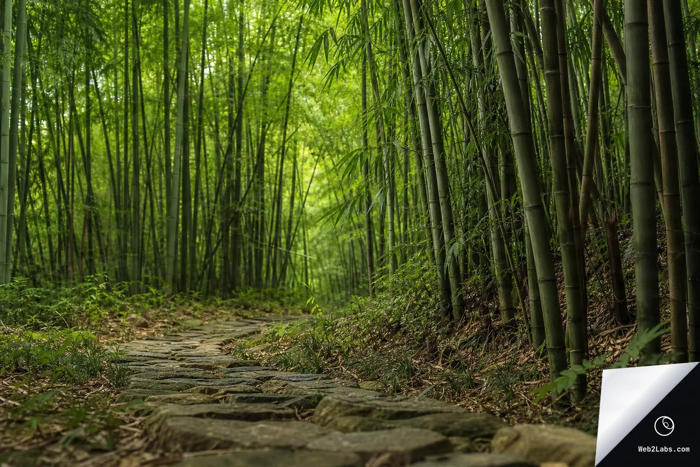 Low-angle horizontal photo of a stone path leading into a dense green bamboo forest, with tall bamboo stalks on the right and leafy canopy overhead