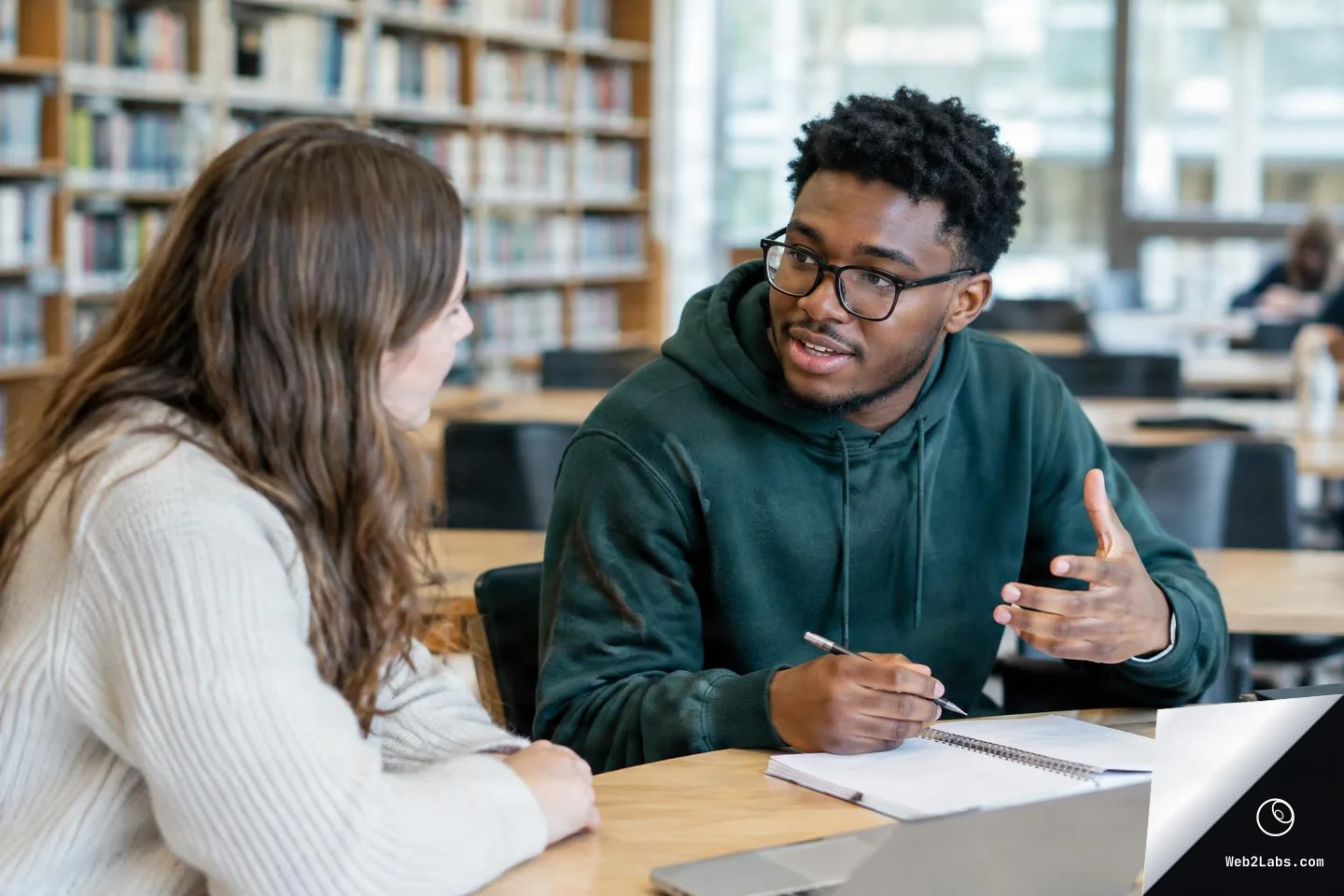 Two students sit at a table in a university library, talking while looking at notes and a laptop, with bookshelves blurred in the background.