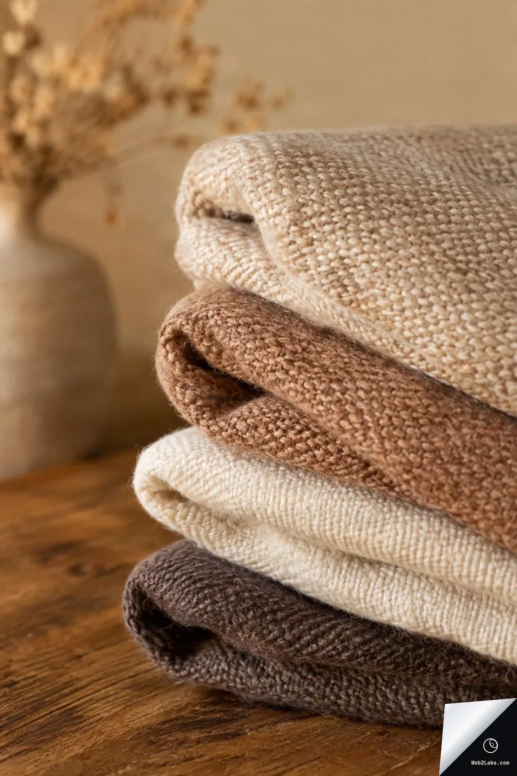 Stack of folded knit blankets in beige, brown, cream, and dark taupe on a wooden table, with a blurred vase and dried flowers in the background.