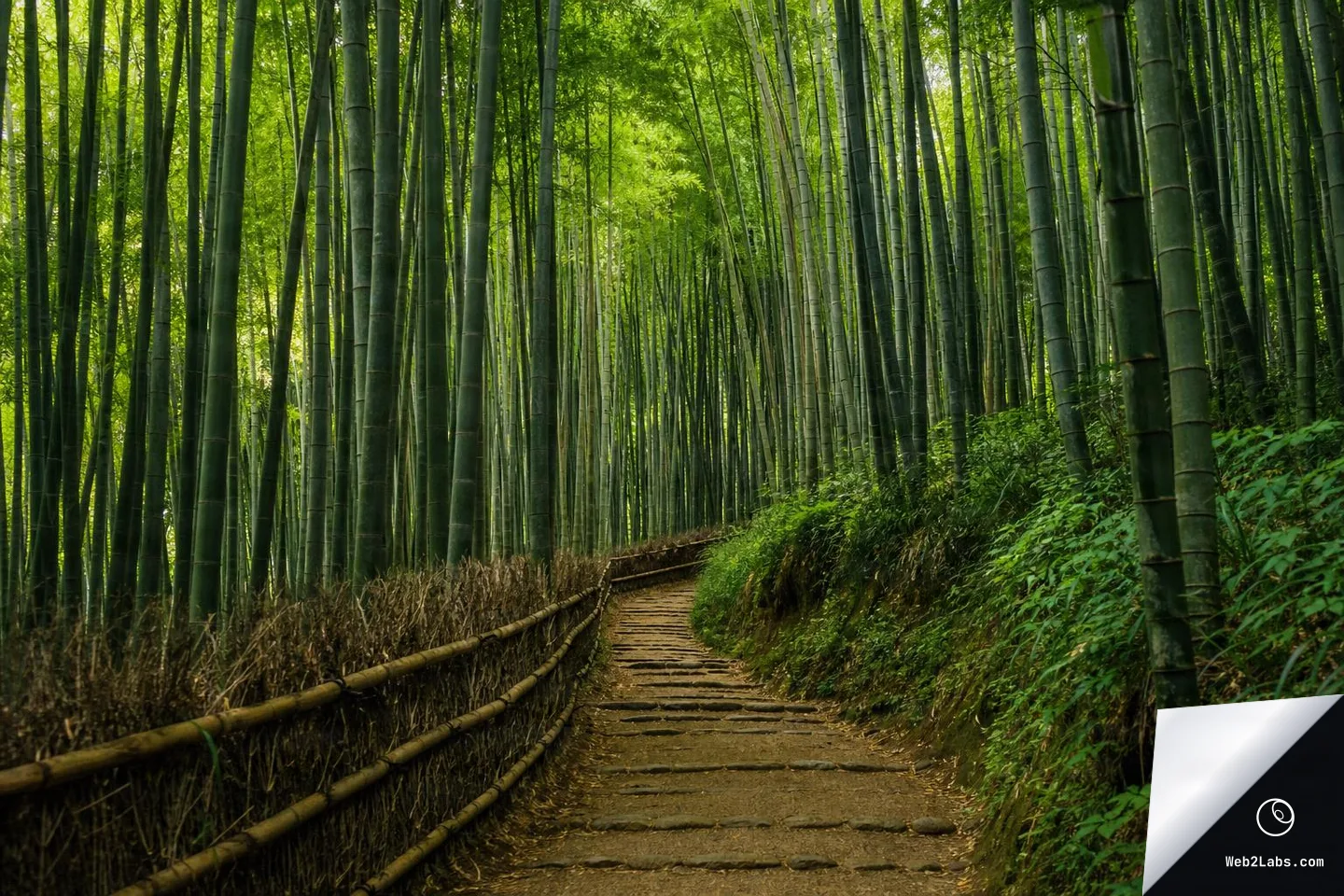 A dirt and stone-step path curves through a dense bamboo grove with tall green bamboo stalks on both sides and a bamboo rail along the left edge under a sunlit canopy.